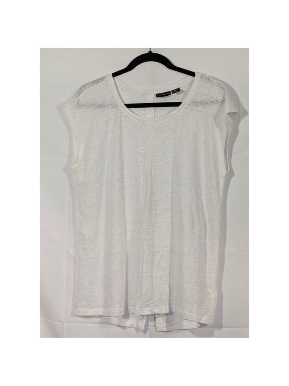 Tahari L Off White Lightweight Knit Blouse Cap Sleeve Button Back Top